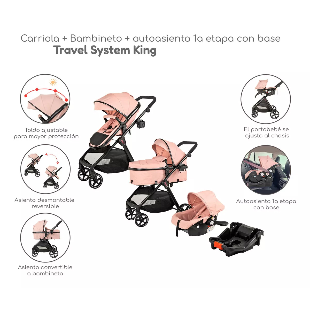 Carriola D Bebe Sistema De Viaje Travel System King Con Autoasiento 1a Etapa Rosa