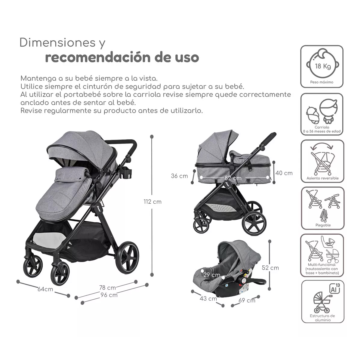 Carriola D Bebe Sistema De Viaje Travel System King Con Autoasiento 1a Etapa Gris