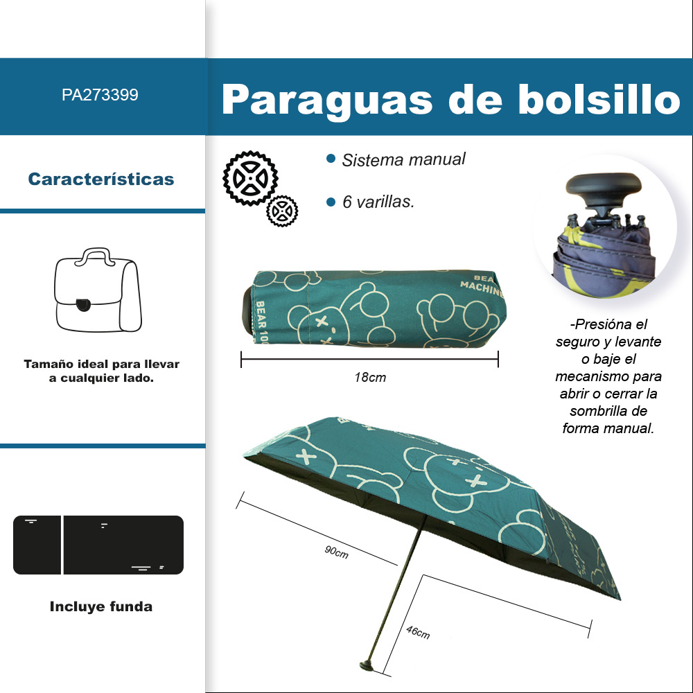 Paraguas de bolsillo Resistente a Vientos y Lluvias con 6 varillas.