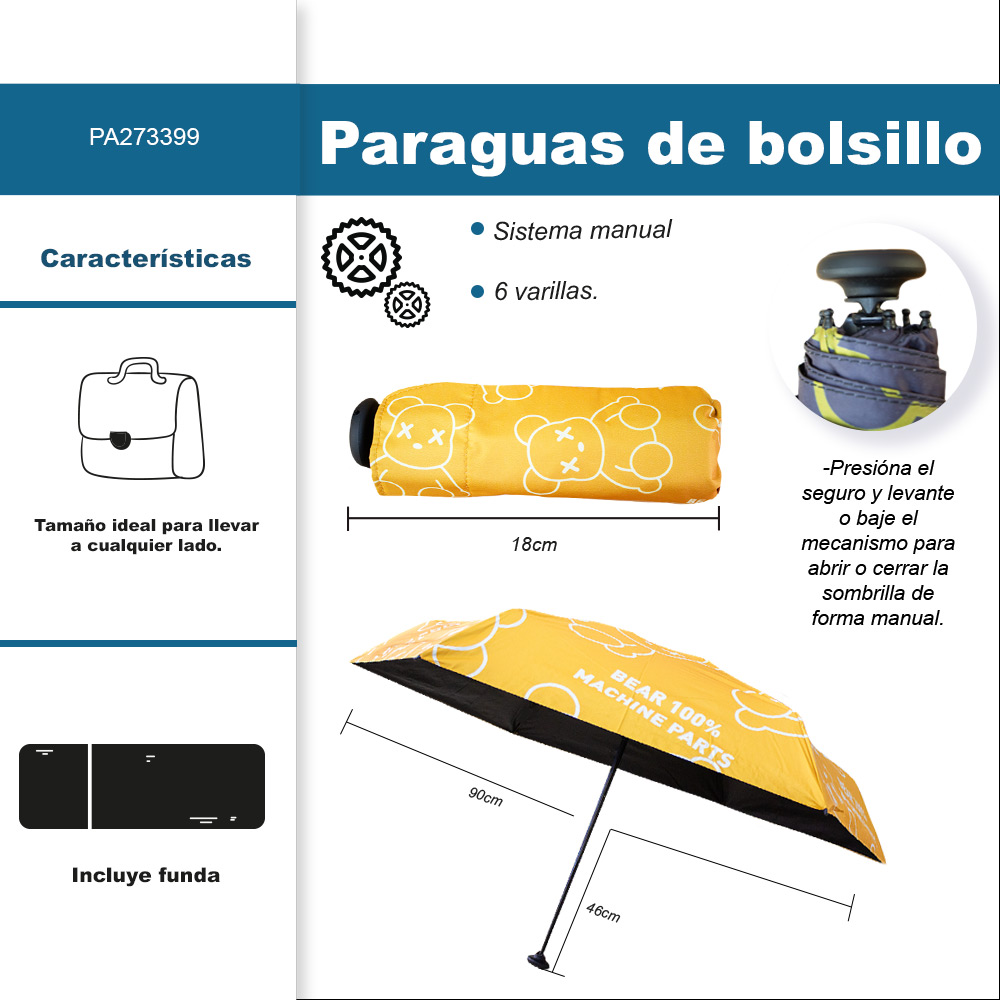 Paraguas de bolsillo Resistente a Vientos y Lluvias con 6 varillas.
