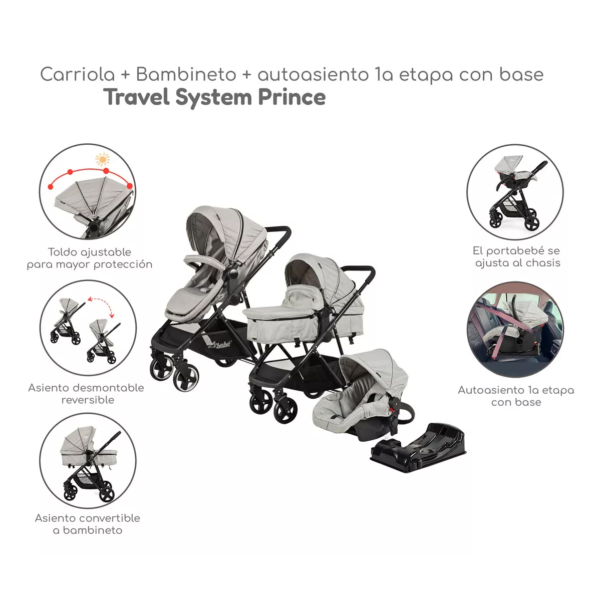 Carriola D Bebe Sistema De Viaje Travel System Prince Con Autoasiento Gris