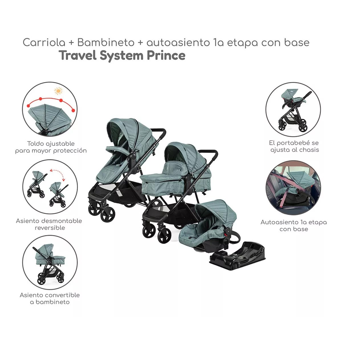 Carriola D Bebe Sistema De Viaje Travel System Prince Con Autoasiento Verde