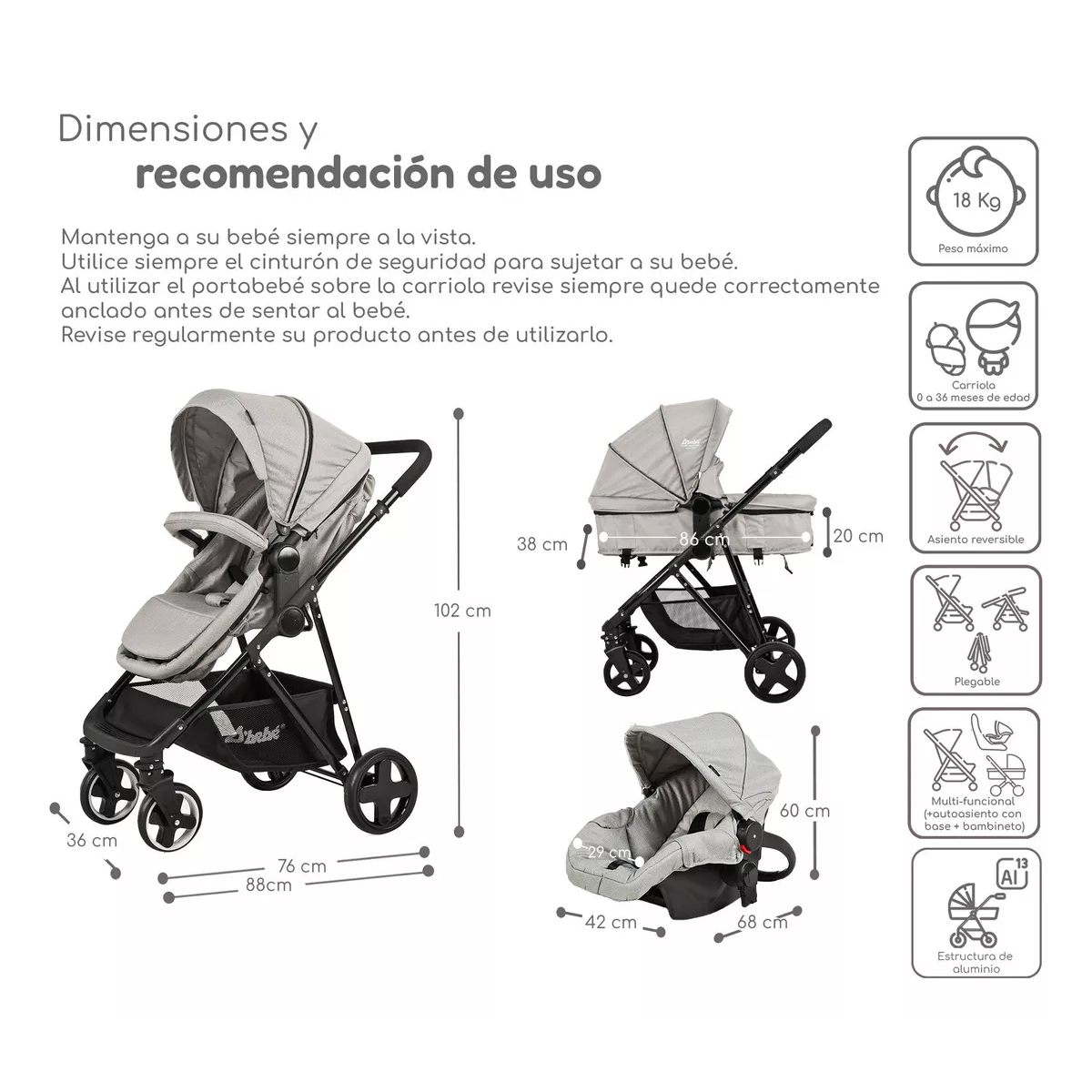 Carriola D Bebe Sistema De Viaje Travel System Prince Con Autoasiento Gris