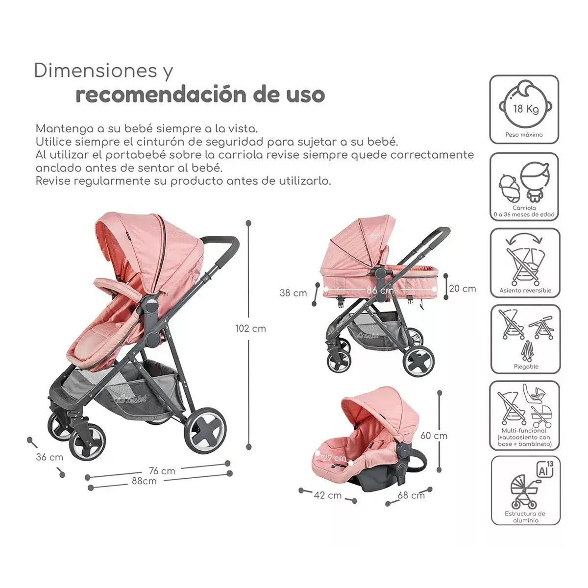 Carriola D Bebe Sistema De Viaje Travel System Prince Con Autoasiento Rosa