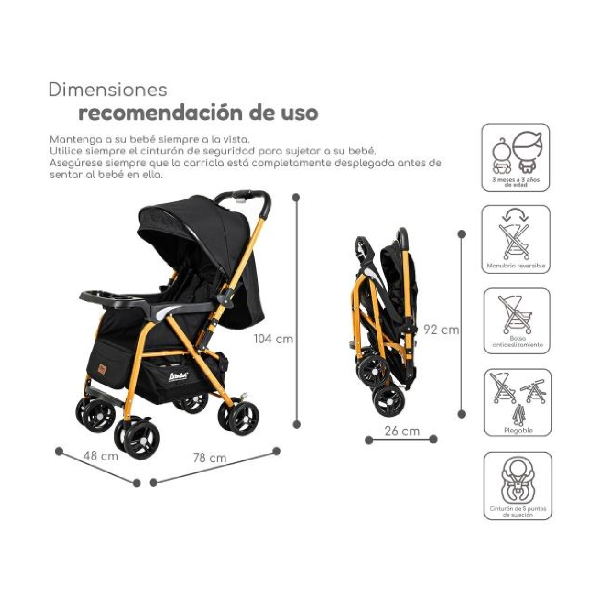 Carriola D Bebe Lal Plegable Reversible Con Portavasos Negro