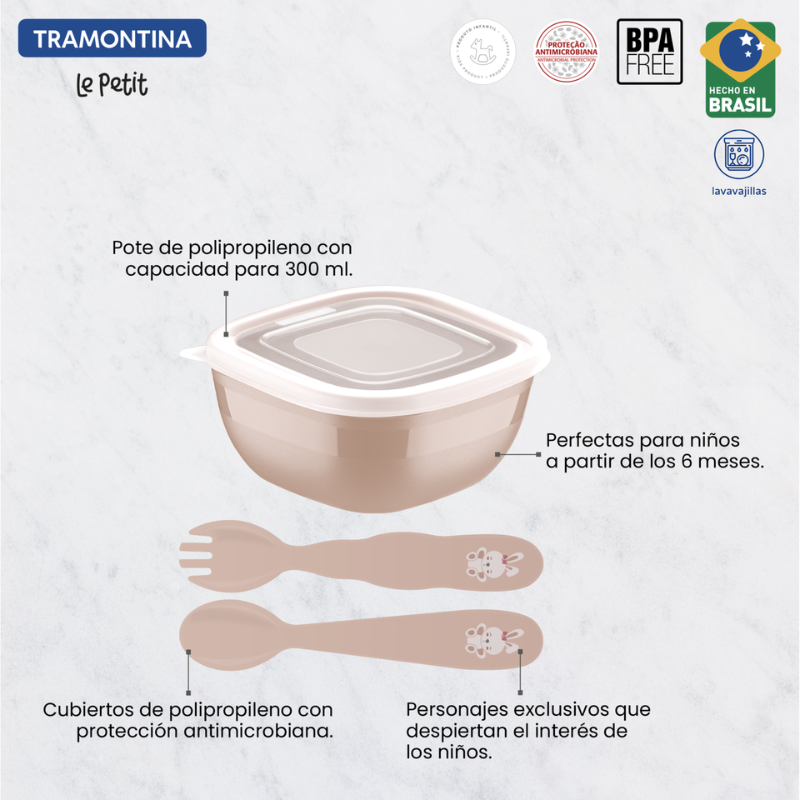 Set infantil Tramontina Le Petit Rosa 3 pzs  Contenedor con tapa y cubiertos Libres de BPA