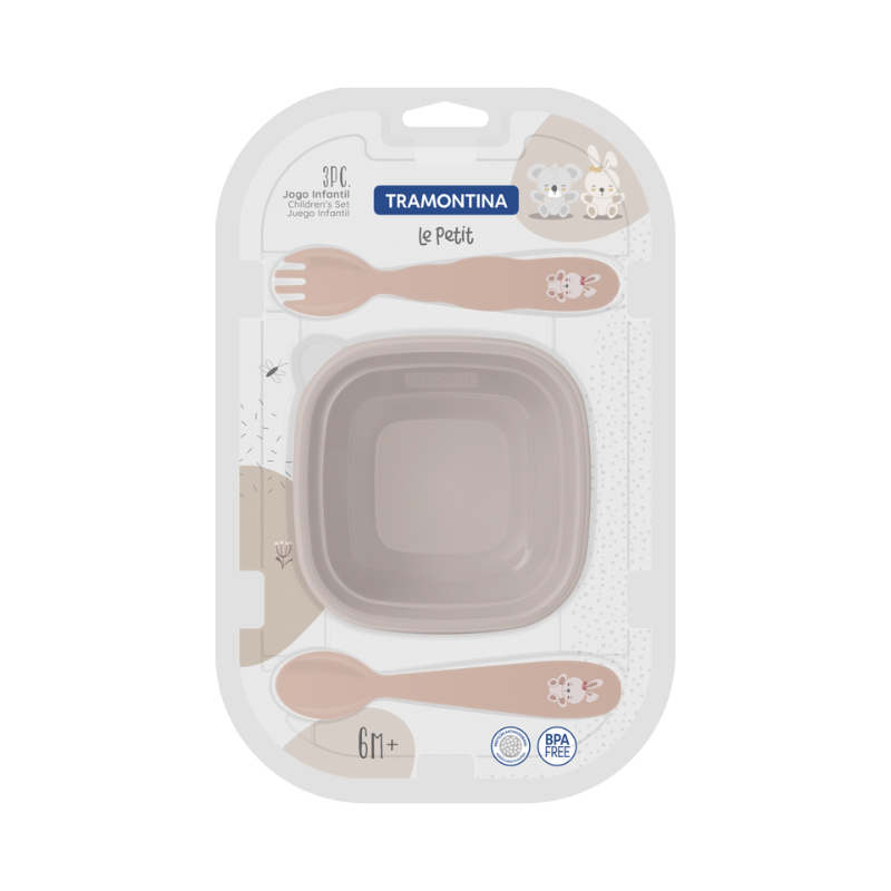 Set infantil Tramontina Le Petit Rosa 3 pzs  Contenedor con tapa y cubiertos Libres de BPA