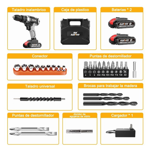 Nanwei ZRD620H Taladro Atornillado Inalámbrico Destornillador Electrico 2 Baterías De Litio 21v,2 velocidades, Kit de Herramientas de 28 piezas