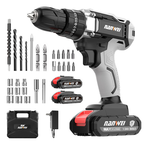 Nanwei ZRD620H Taladro Atornillado Inalámbrico Destornillador Electrico 2 Baterías De Litio 21v,2 velocidades, Kit de Herramientas de 28 piezas