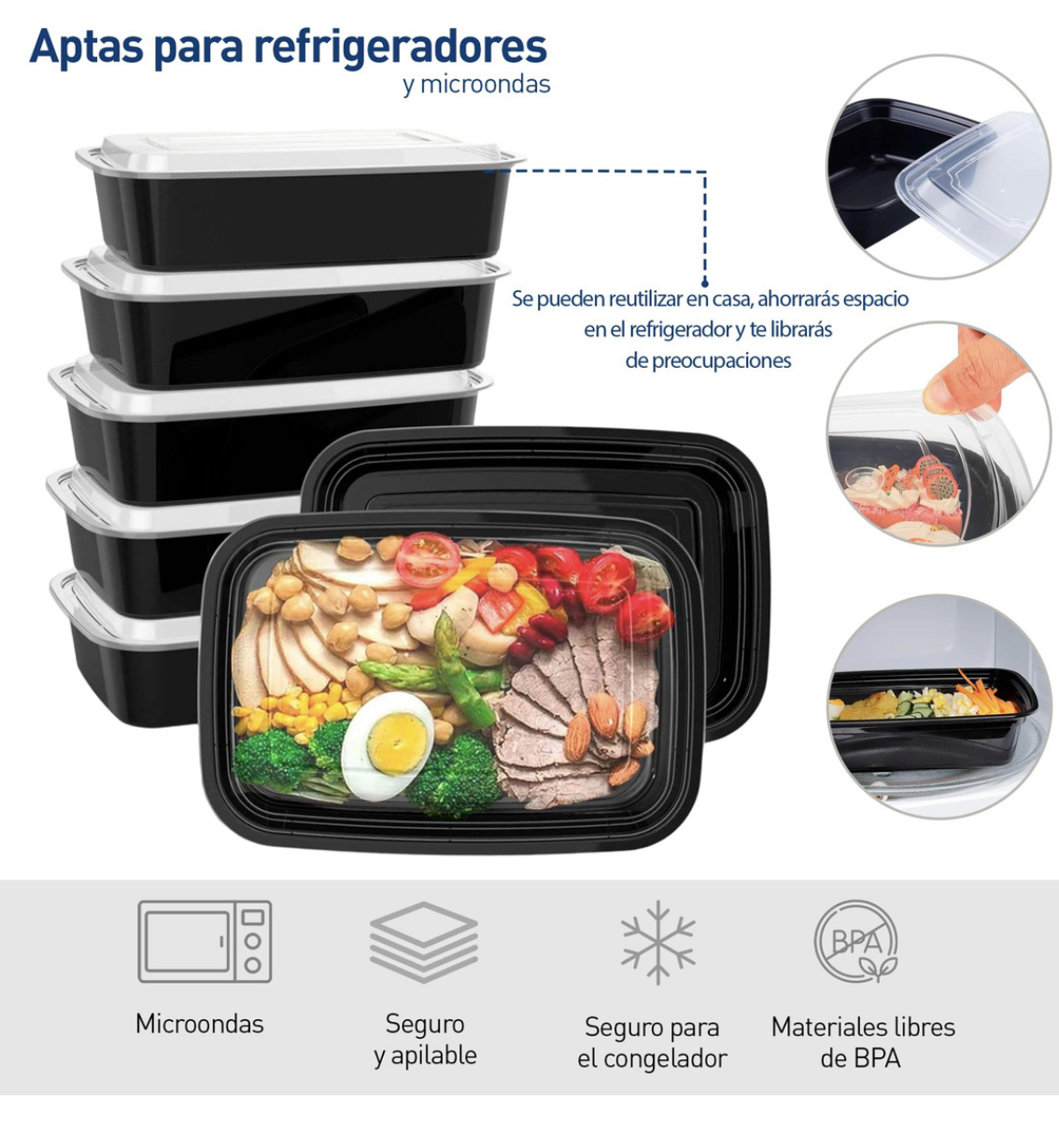 Contenedores Recipientes Para Alimentos Reutilizables 20 Color Negro