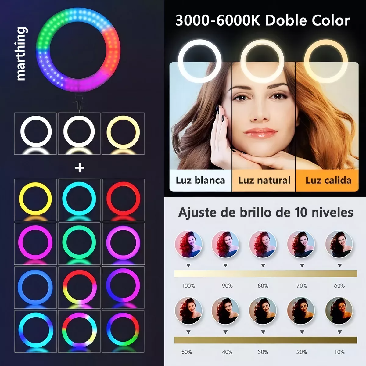 Aro Luz Led Profesional Tripie Maquillaje Video Fotografia Color De La Estructura Negro