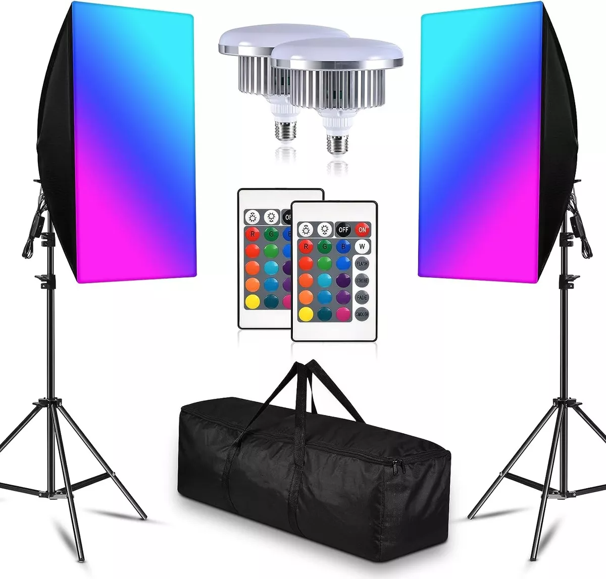 Kit De Iluminación Para Fotografía Con Softbox 51 Cm X 71 Cm, Kit De Softbox Rgb Con Bombilla Led De 3200-6000k Y Soporte De Iluminación Para Videos De Youtube Y Fotografía