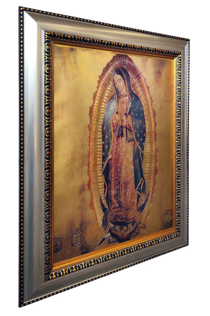 Cuadro decorativo de la Virgen de Guadalupe con marco plateado y dorado 47 X 62 cm