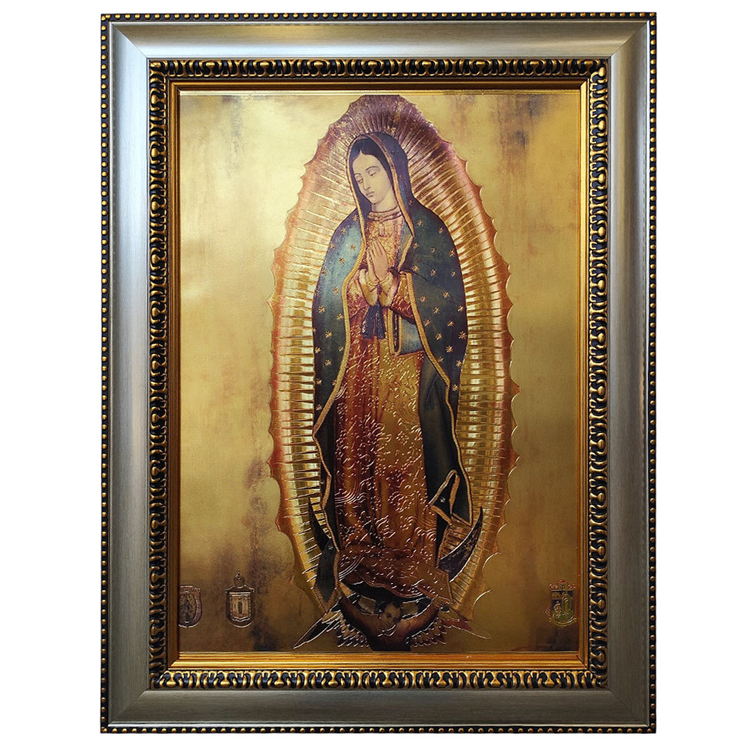 Cuadro decorativo de la Virgen de Guadalupe con marco plateado y dorado 47 X 62 cm