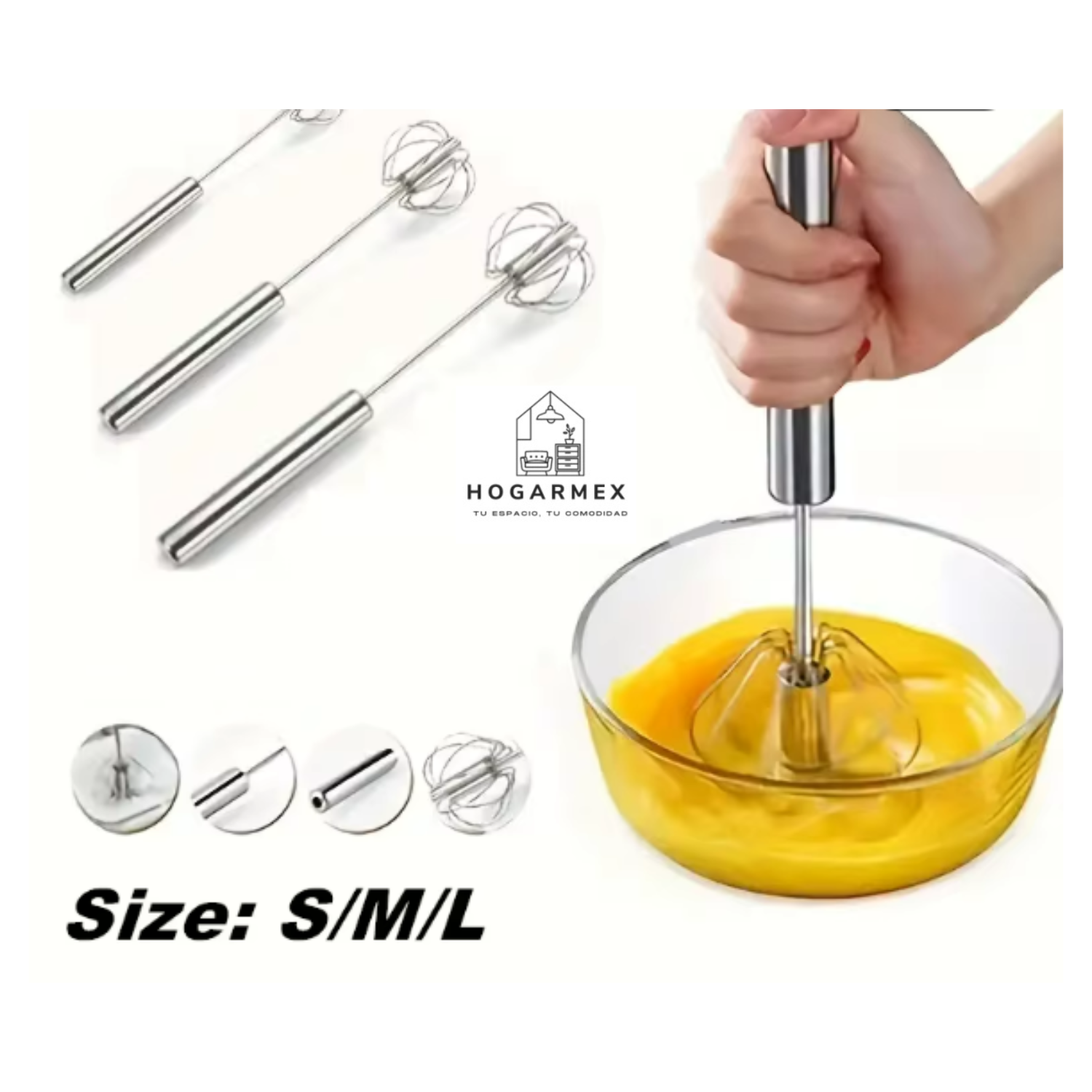 Batidor de Huevos Semiautomático de Acero Inoxidable  | Mezclador Manual y Agitador Giratorio Automático
