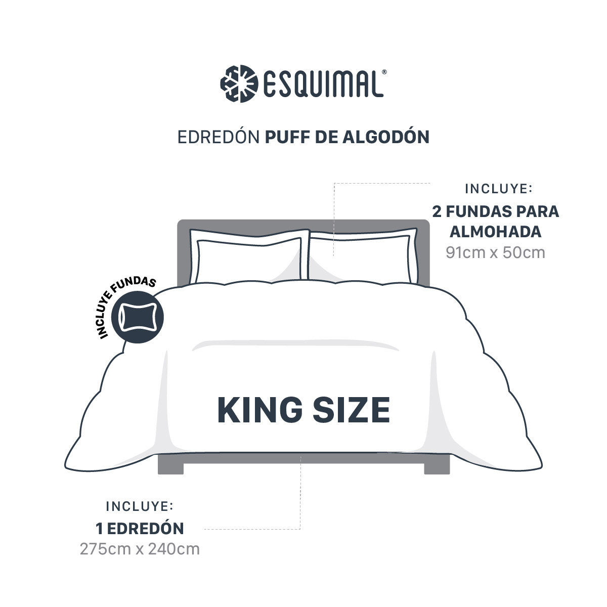  Juego de Edredón Puff King Size Acolchado de Lujo 100% Algodón, Suave, Hipoalergénico, con Fundas, ideal para Cualquier Temporada, Neblina. Esquimal