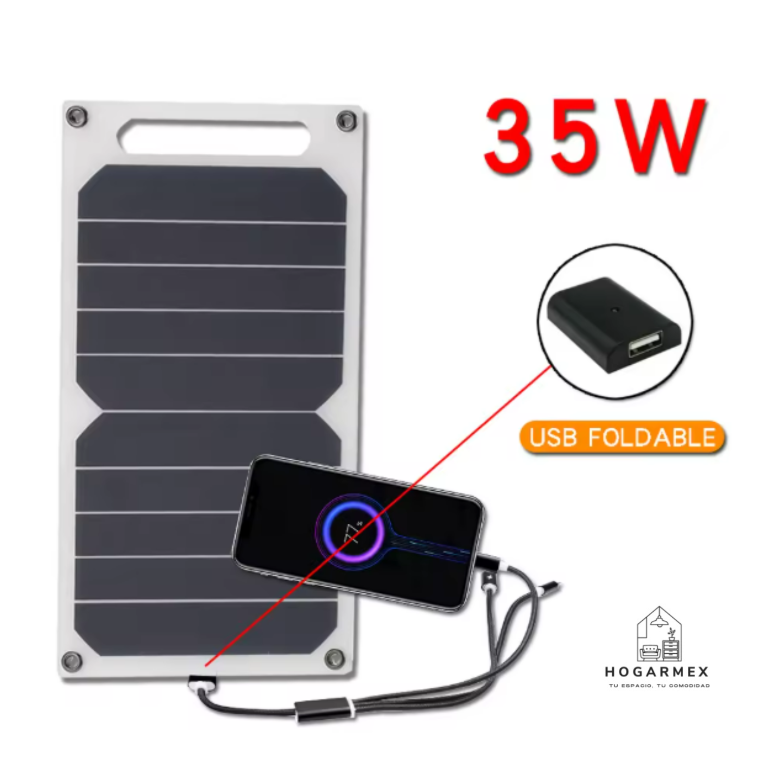 Panel Solar Portátil  Bateria 5-35W | Impermeable con USB — Ideal para Camping, Senderismo y Carga de Celulares
