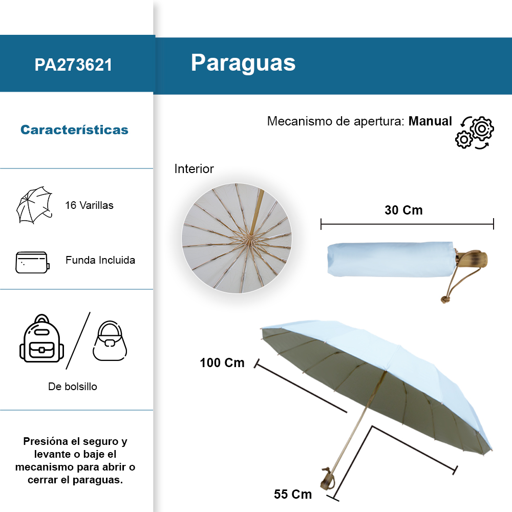 Paraguas de bolsillo Resistente a Vientos y Lluvias con 16 varillas.