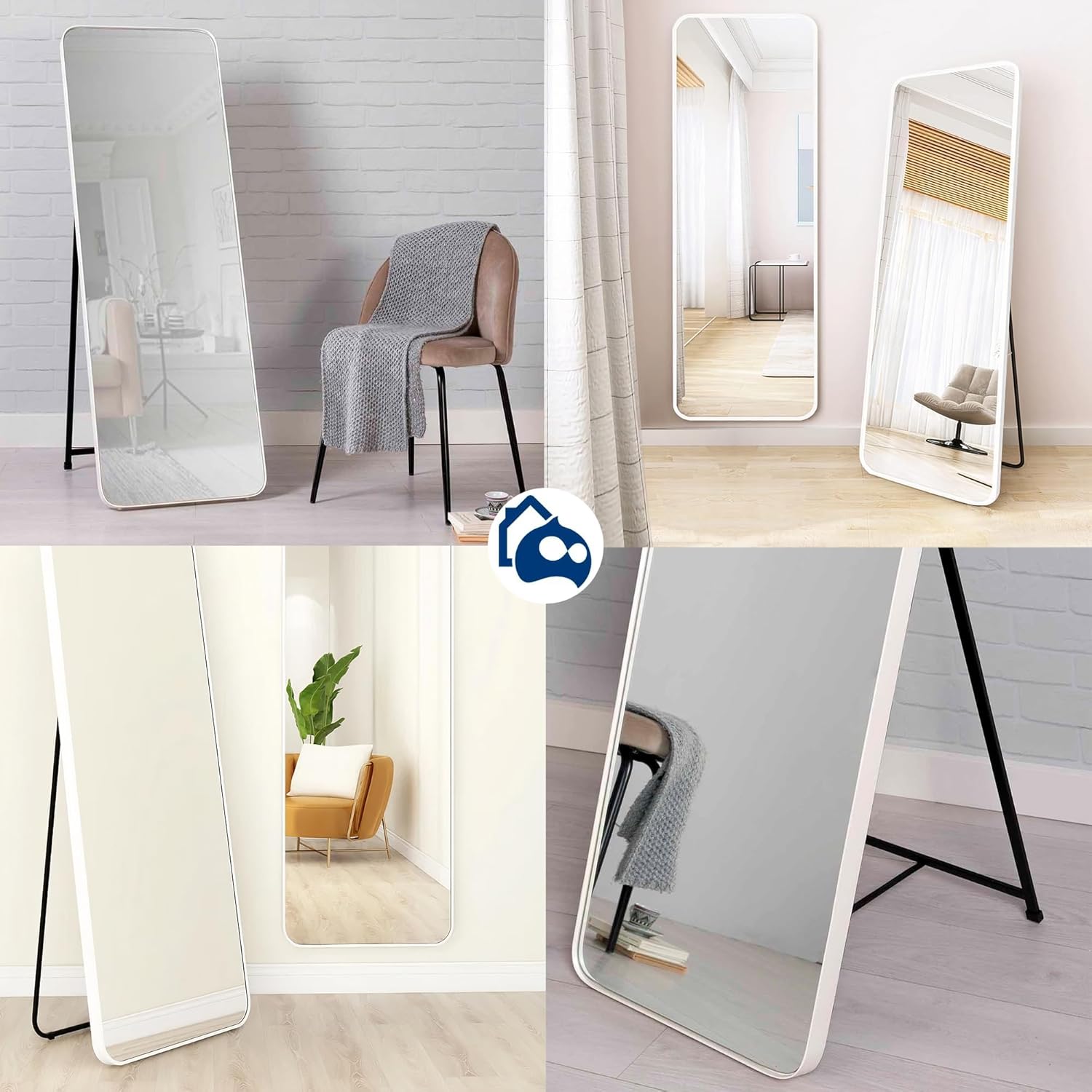 Espejo de Cuerpo Completo apto para Piso y Pared con Marco de Aluminio,  Blanco Bluelander