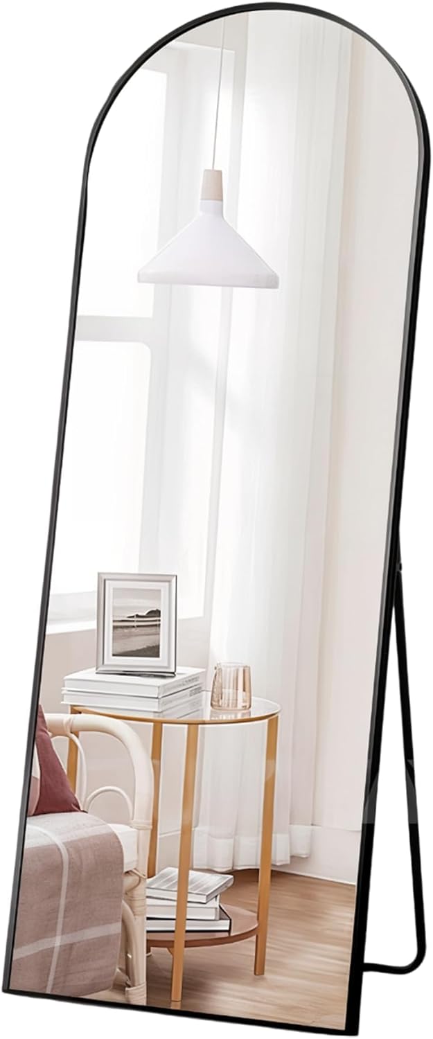 Espejo Curvo de Cuerpo Completo con Soporte y Marco de Aluminio, Negro Bluelander