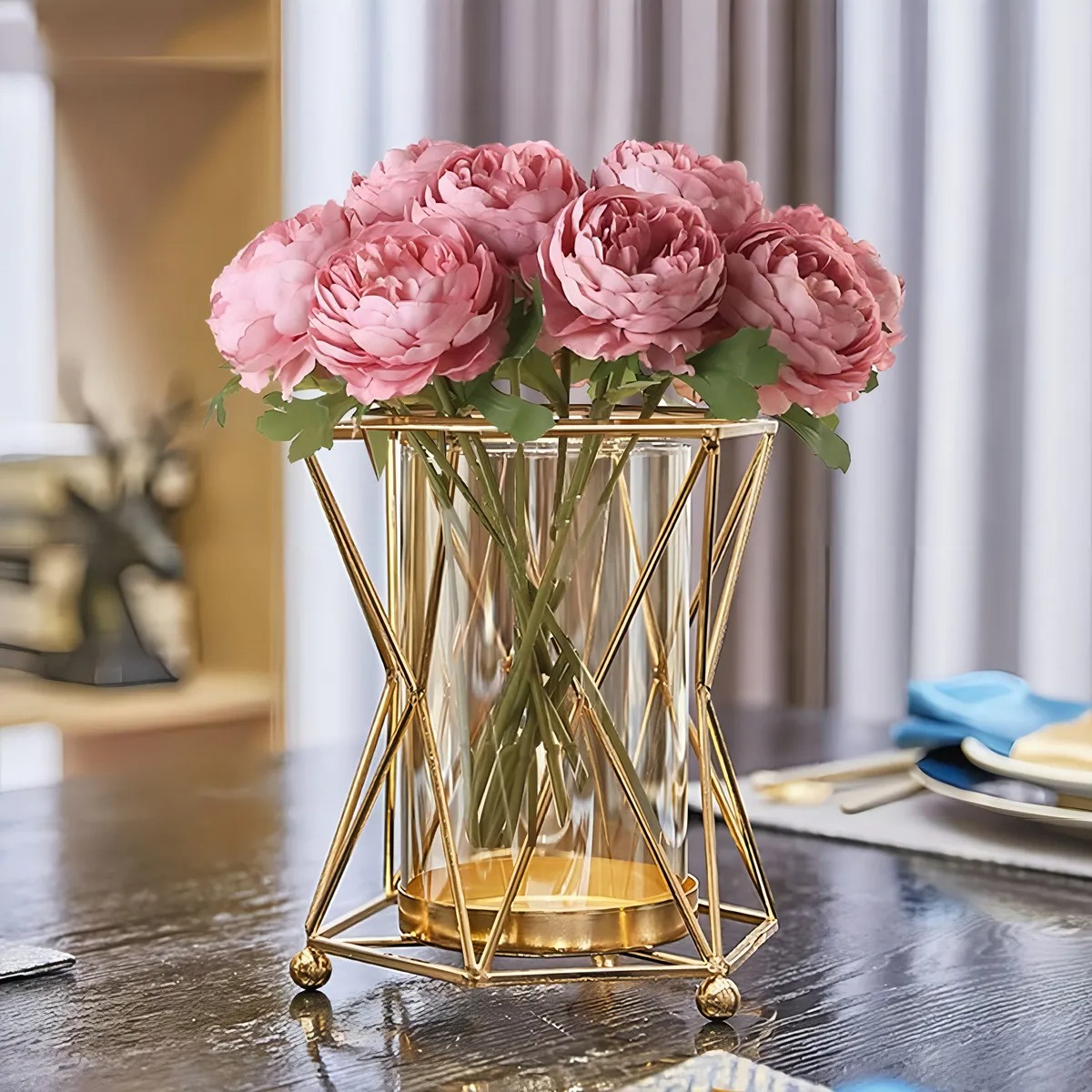 Jarron De Metal Geometrico Dorado Decoracion Flores Hopemob Color Oro