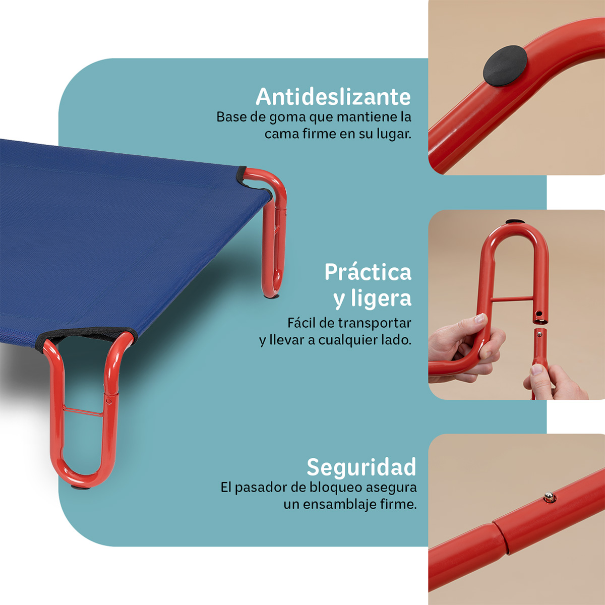  Cama Elevada para Perro Chico con Malla Transpirable ideal en Calor, Catre de Mascotas para Interior y Exterior Color Azul / Rojo. ESQUIMAL