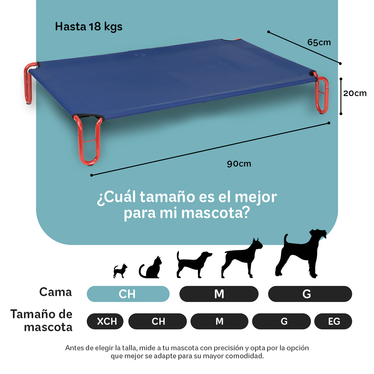  Cama Elevada para Perro Chico con Malla Transpirable ideal en Calor, Catre de Mascotas para Interior y Exterior Color Azul / Rojo. ESQUIMAL