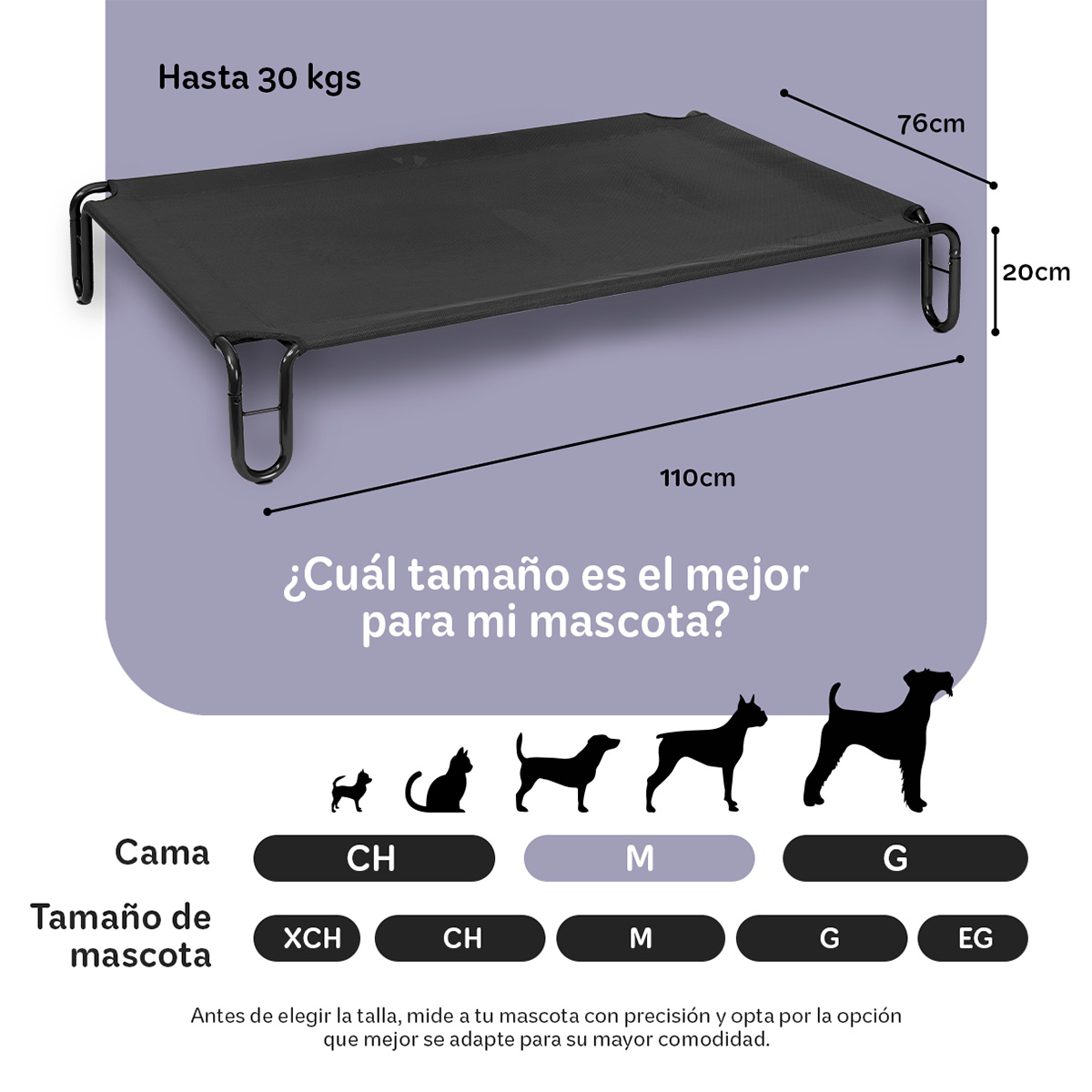 Cama Elevada para Perro Mediano con Malla Transpirable ideal en Calor, Catre de Mascotas para Interior y Exterior Color Negro. ESQUIMAL