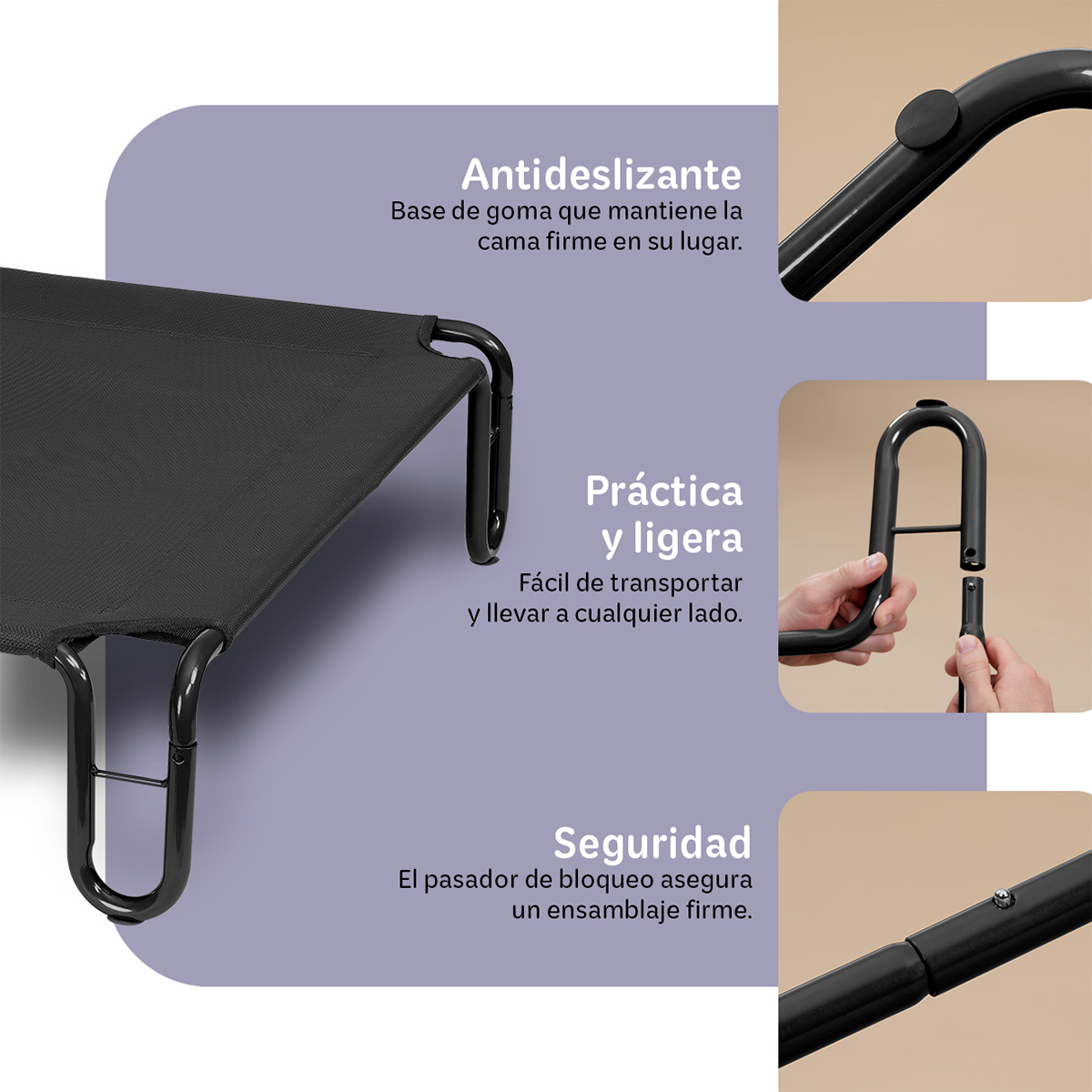 Cama Elevada para Perro Mediano con Malla Transpirable ideal en Calor, Catre de Mascotas para Interior y Exterior Color Negro. ESQUIMAL