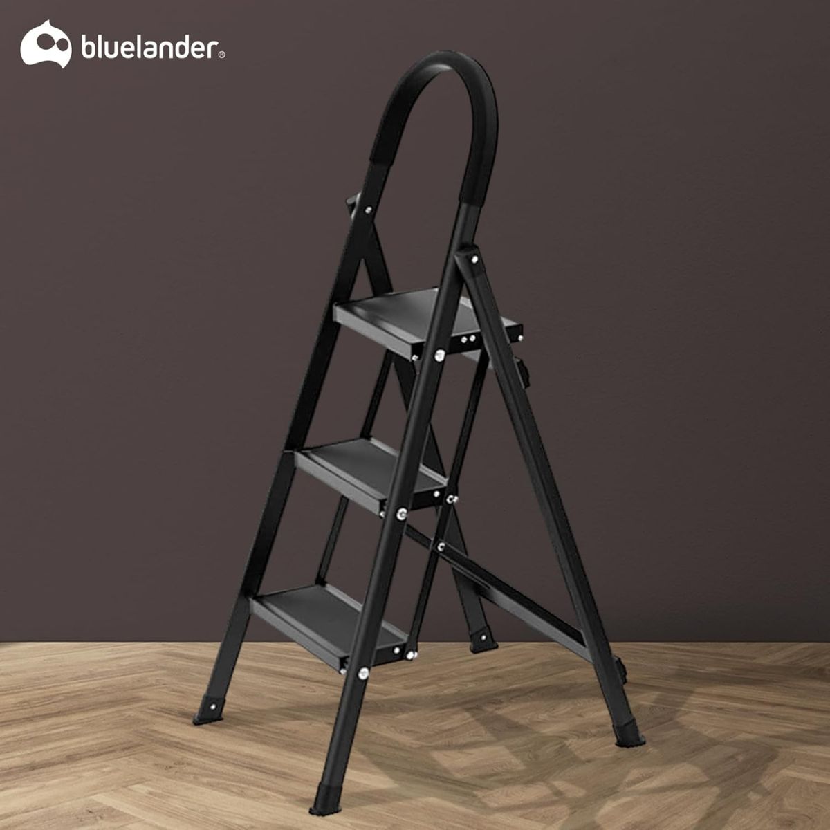 Escalera Plegable de 3 Peldaños Estructura de Acero, Negro Bluelander
