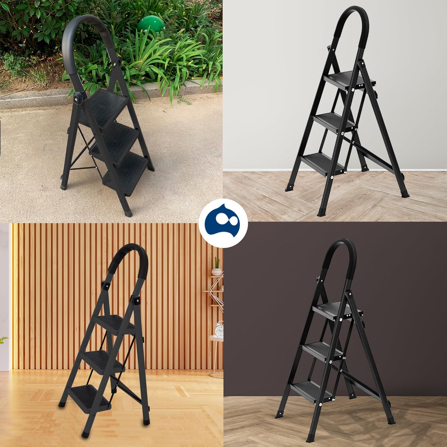 Escalera Plegable de 3 Peldaños Estructura de Acero, Negro Bluelander