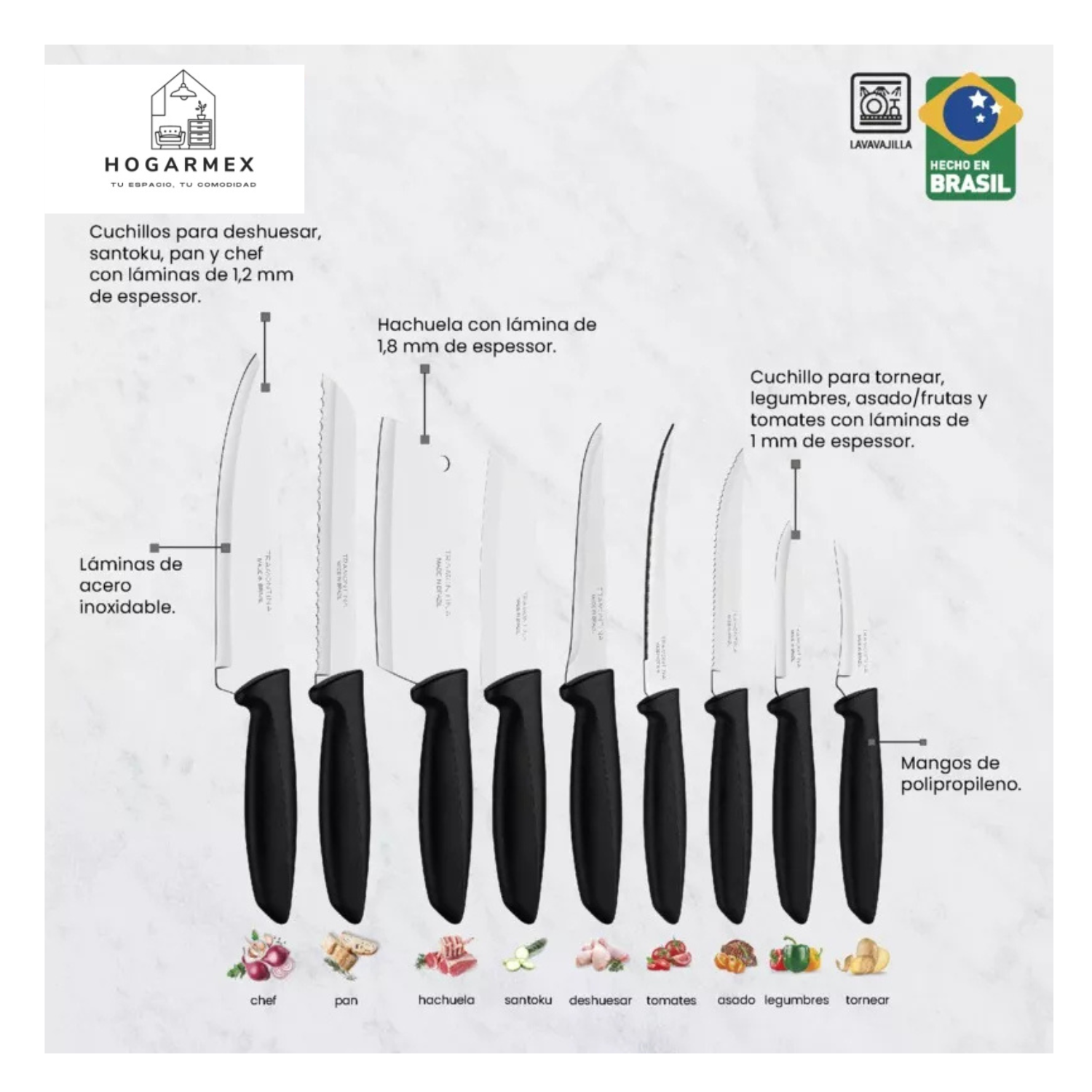 Juego de Cuchillos  9 Piezas | Acero Inoxidable con Mango Negro Ergonómico