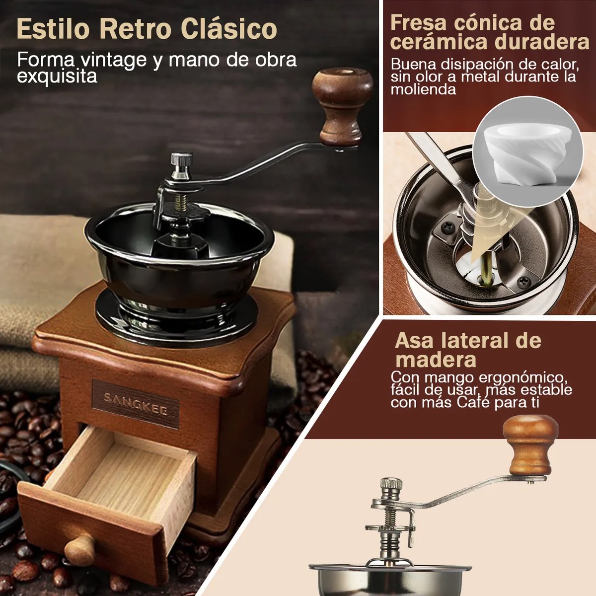 Manual Molinillo De Café, Manivela De Mano Molinillo Con Mango De Acero Inoxidable
