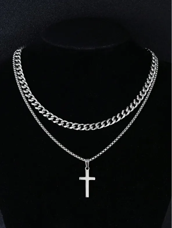 Collar Cadenas Cruz Dijes Acero Inoxidable Hombres Joyeria