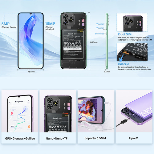 Celular Oukitel C53 Android 14 Smartphone 8gb + 64gb/1tb Ampliable Teléfono Móvil 6.6 Inch Hd+ Smartphone 13mp + 5mp Camera 4300mah 4g Doble Sim