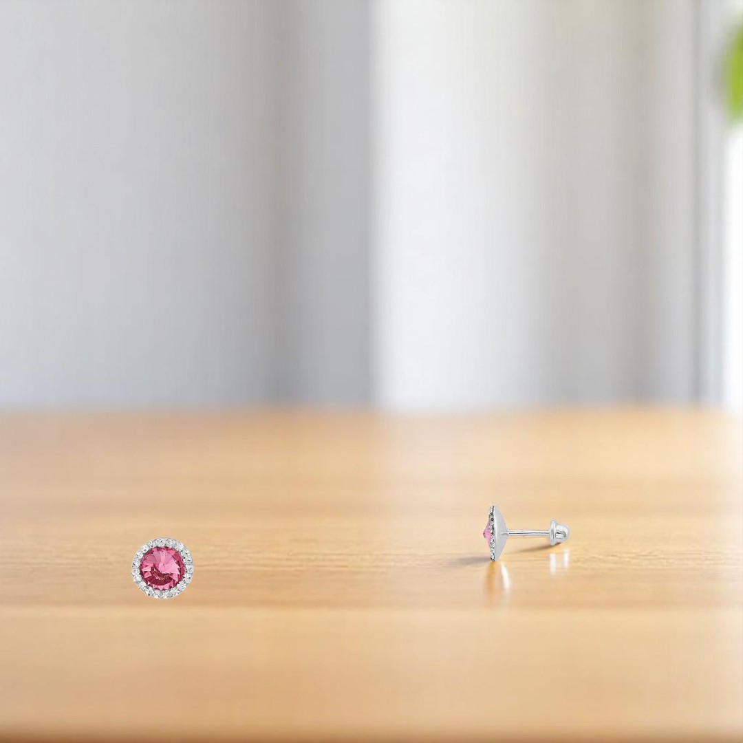 Broquel con Diseño de Circulo con Circonia color Rosa en Plata .925 ...