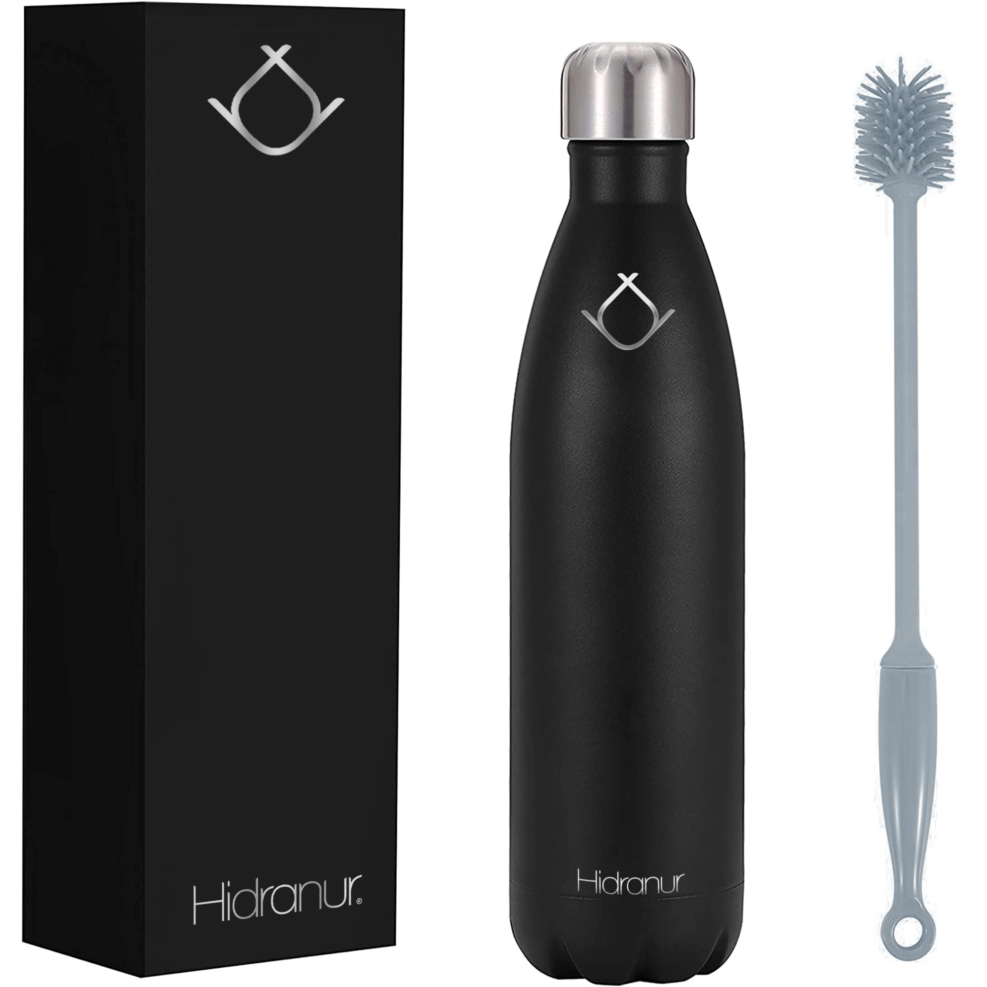 Termo de Acero Inoxidable 25 Oz (739.33 ml) con Cepillo de Lavado, Negro Hidranur 
