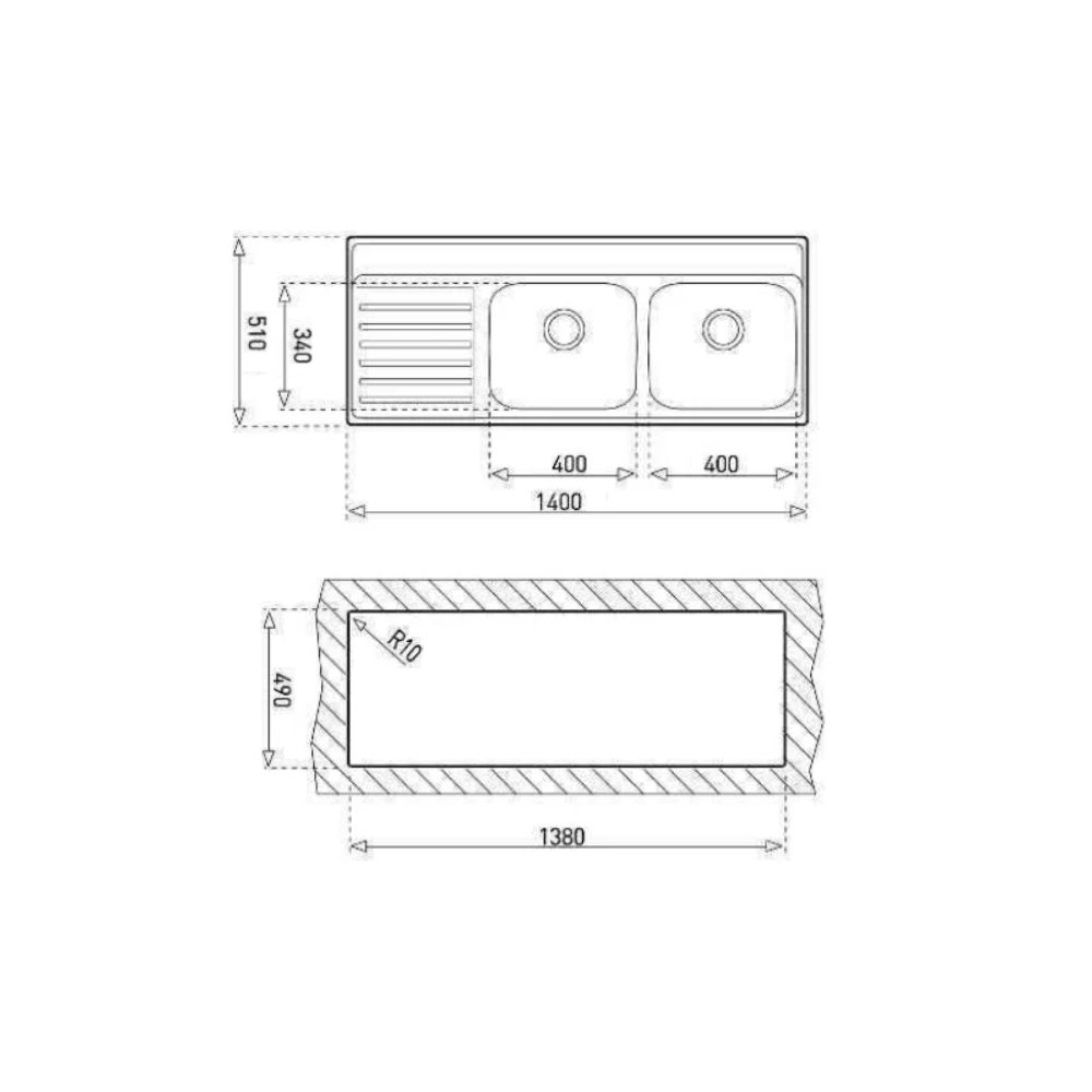 Tarja Empotrable Doble y Escurridor Tina Teka 1400.510 2C 1E I/D IZQ 1 PERF de 140 cm (55") Acero Inoxidable
