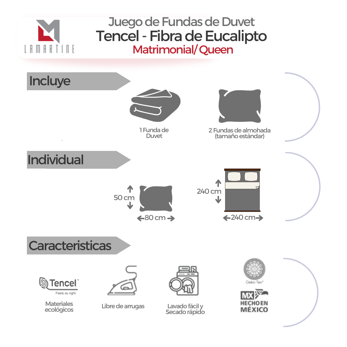 Fundas para Duvet Tencel -Fibra de Eucalipto -Micro-Lyocell  -Tamaño Matri/Queen -Color Gris