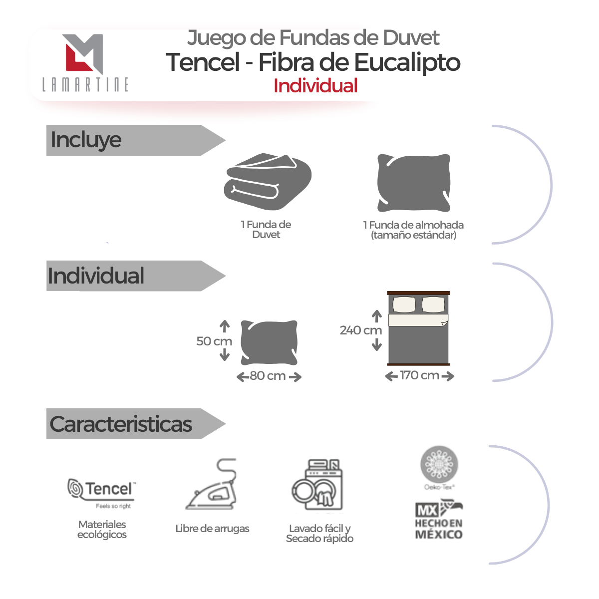 Fundas para Duvet Tencel -Fibra de Eucalipto -Micro-Lyocell  -Tamaño Individual -Color Blanco