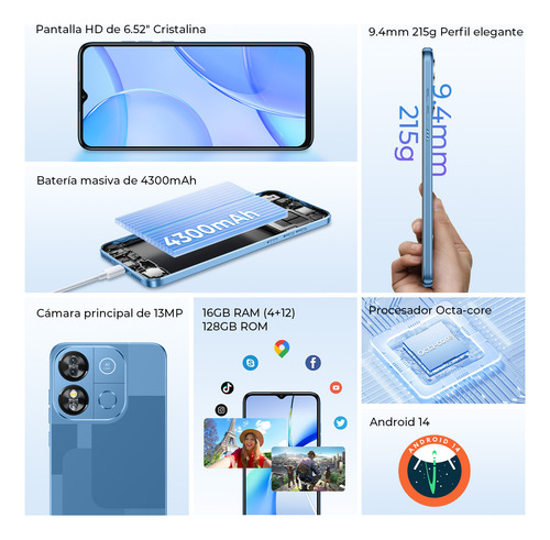 Oukitel C57pro Teléfono Celular Inteligente Dual Sim 16(4+12)+256 Gb 4300mah Loudspeaker 6.52in Hd+ Ip5x/la Moda Es Ligera Smartphone /gps/tomar Fotos