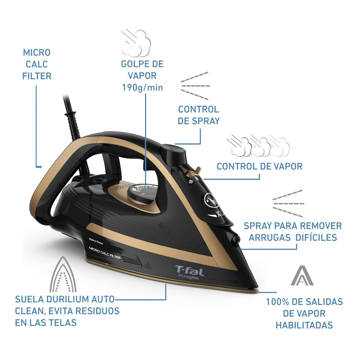 Plancha Vapor T-Fal PureGliss FV8064 5Niveles 1800W Durilium