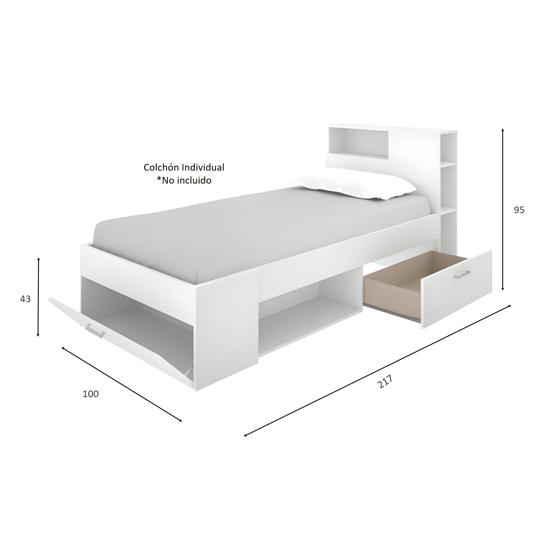Recamara Individual con Cabecera Blanca