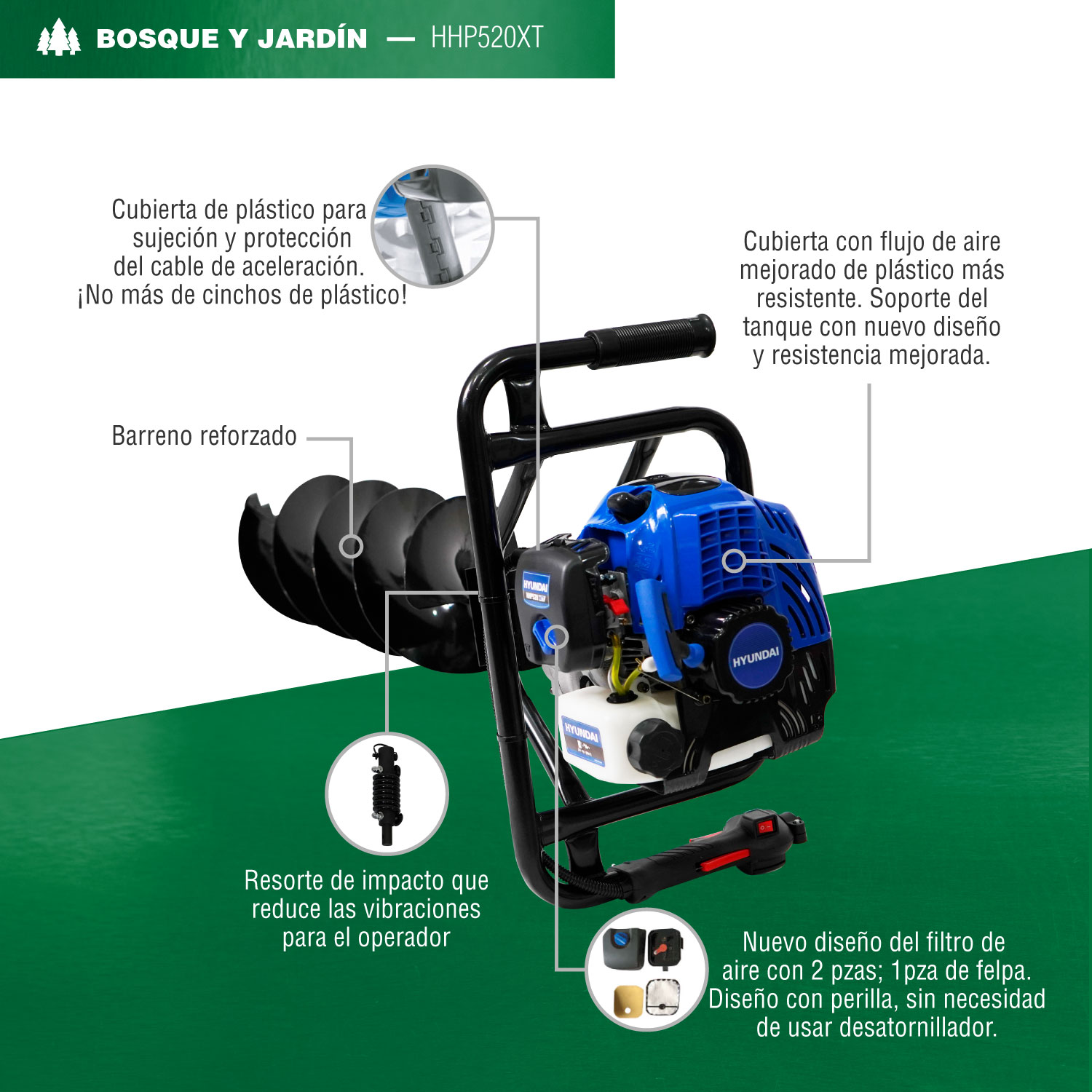 MOTOPERFORADORA PROFESIONAL HYUNDAI 80X20CM C/MOTOR 2.5HP/52CC - HHP520XT
