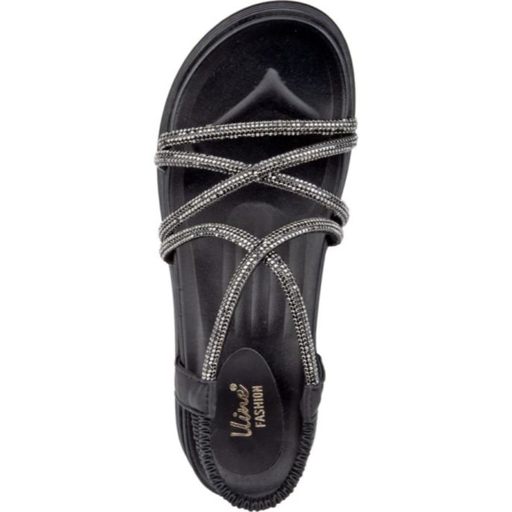 Sandalia para mujer, plana, de tipo casual, con brillos, acabado glitter, marca Vi Line Fashion, color negro, mod. 1188788