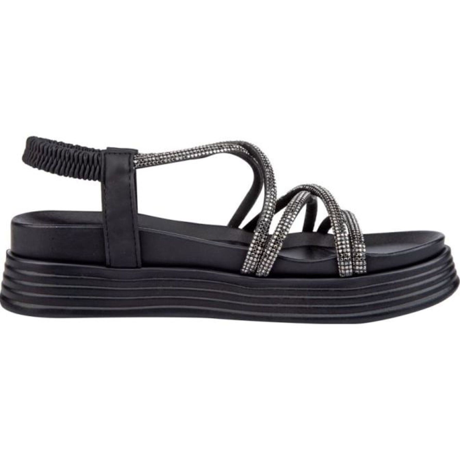 Sandalia para mujer, plana, de tipo casual, con brillos, acabado glitter, marca Vi Line Fashion, color negro, mod. 1188788
