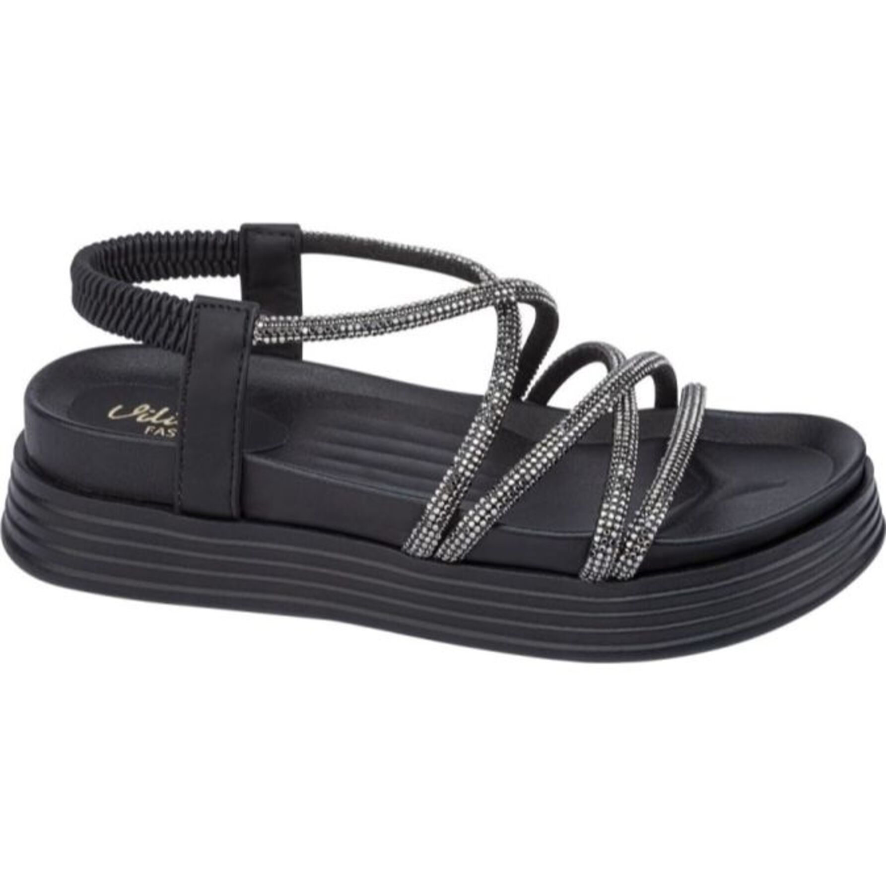 Sandalia para mujer, plana, de tipo casual, con brillos, acabado glitter, marca Vi Line Fashion, color negro, mod. 1188788