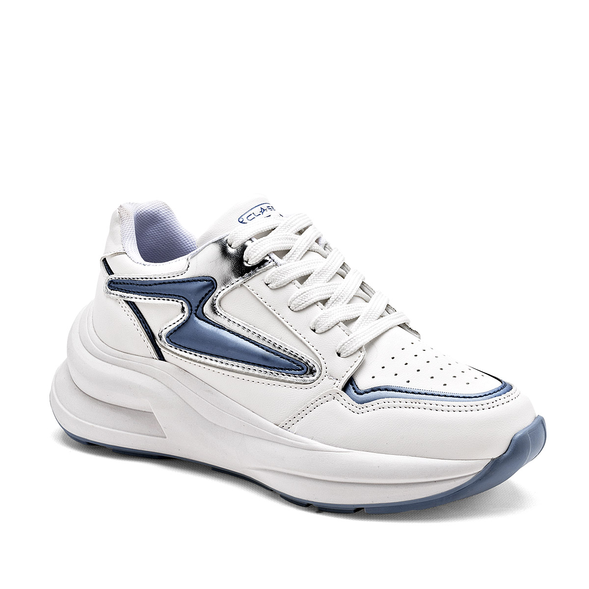 CLASBEN LETONIA MUJER TENIS CASUAL PLATAFORMA 5 CM COLOR BLANCO AZUL PLATA