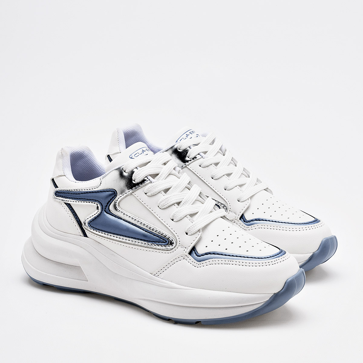 CLASBEN LETONIA MUJER TENIS CASUAL PLATAFORMA 5 CM COLOR BLANCO AZUL PLATA