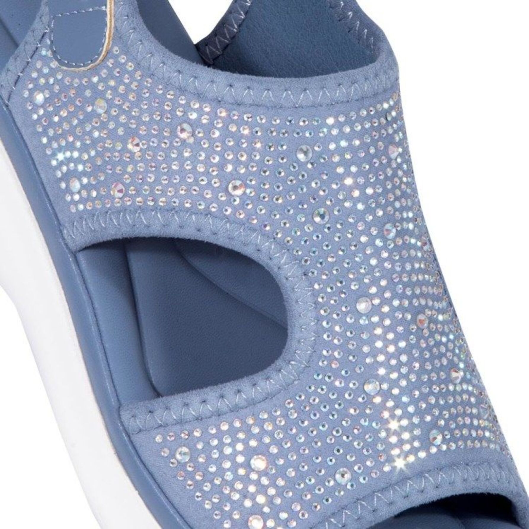 Sandalia para mujer, de tipo confort, con válvula de aire y brillos, acabado glitter, marca Shosh, color azul, mod. 1114674